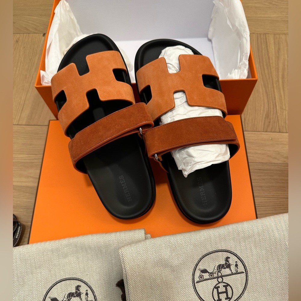 Hermes Chypre Velvet Goatskin Women’s Sandals 36.5 Rose Bois